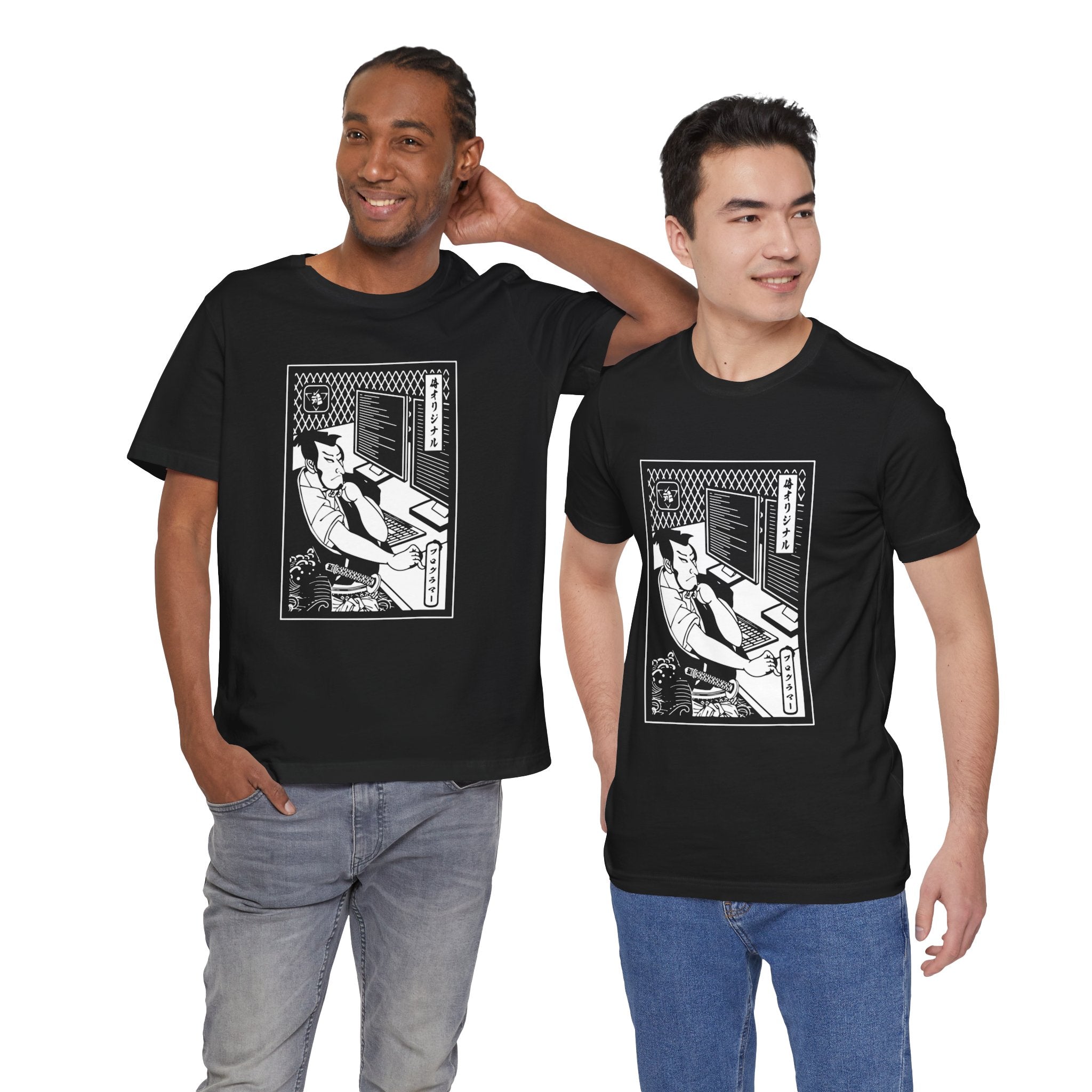 Two men wearing black Coding Samurai T-Shirts with identical graphic prints, standing and smiling at the camera.