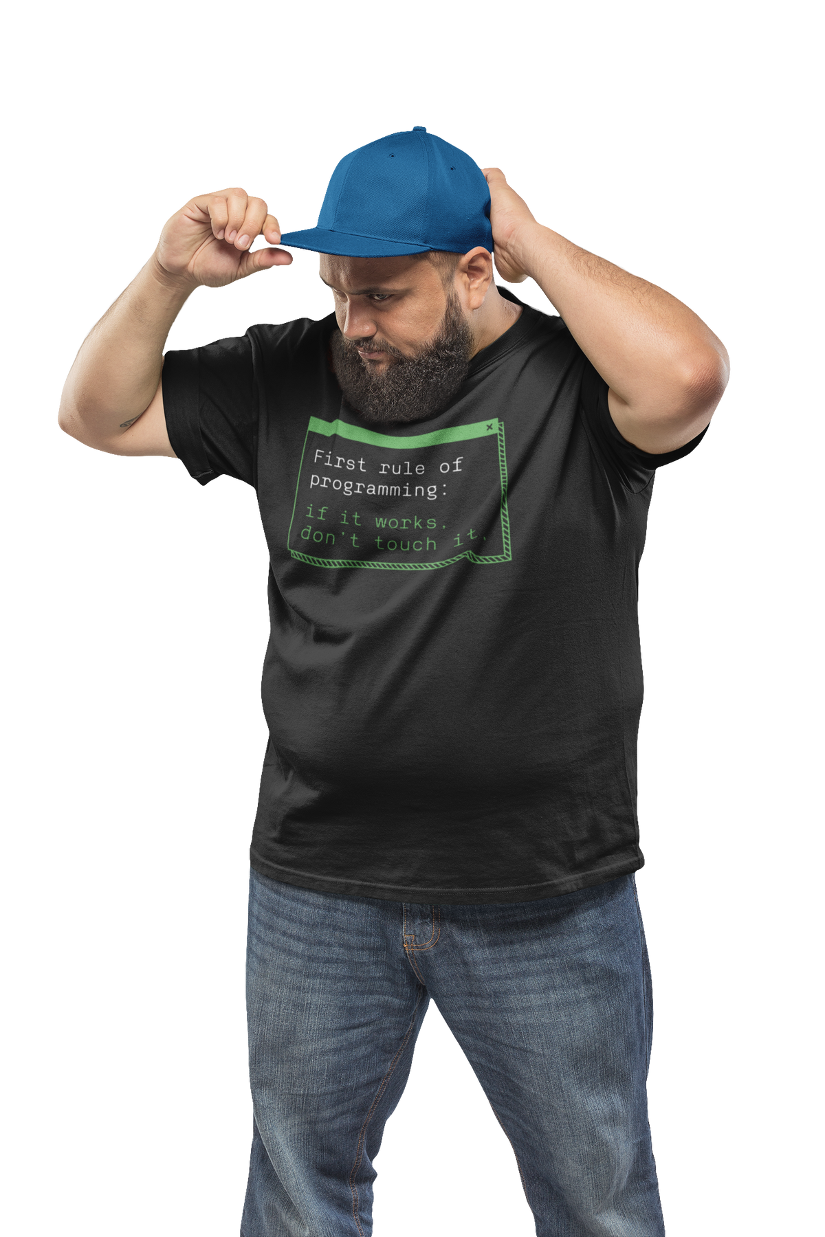 'First Rule of Programming' t-shirt in black, man model wearing it with a blue cap, gift for developers