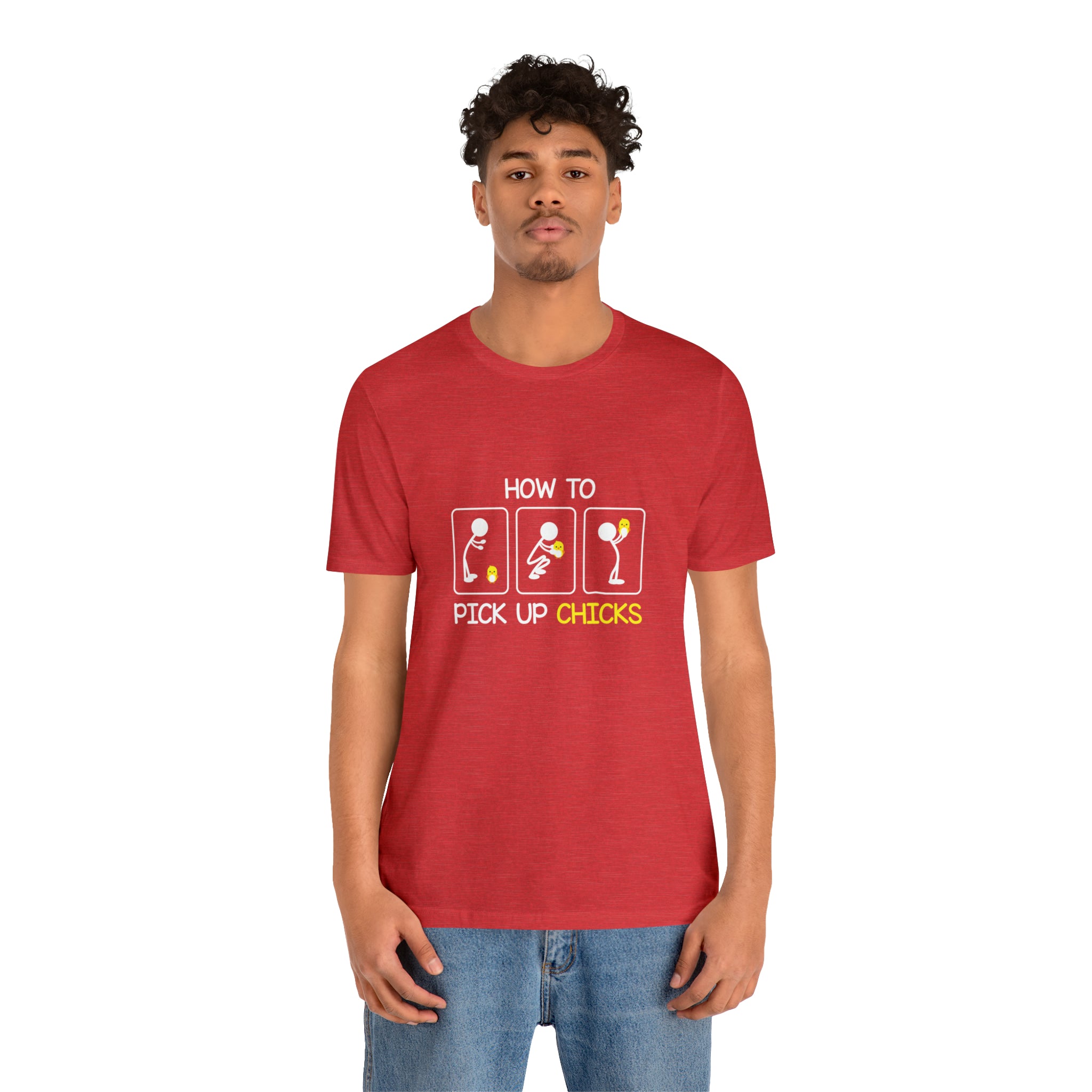 A man wearing a red How to pickup chicks T-Shirt by Printify.