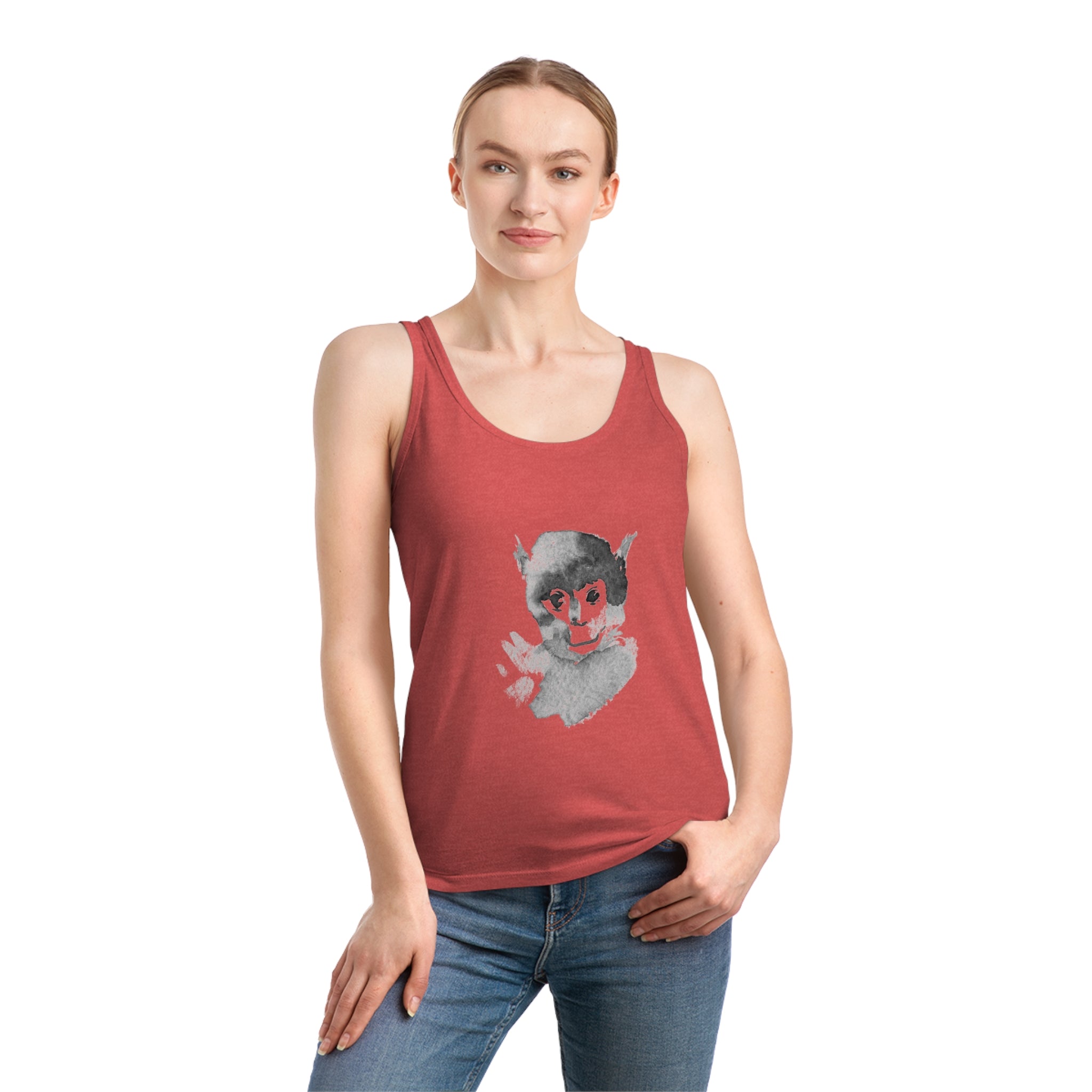 A person is seen wearing the versatile and stylish Monkey Women's Dreamer Tank Top in red, made from organic cotton and featuring a graphic face design, standing against a plain white background.