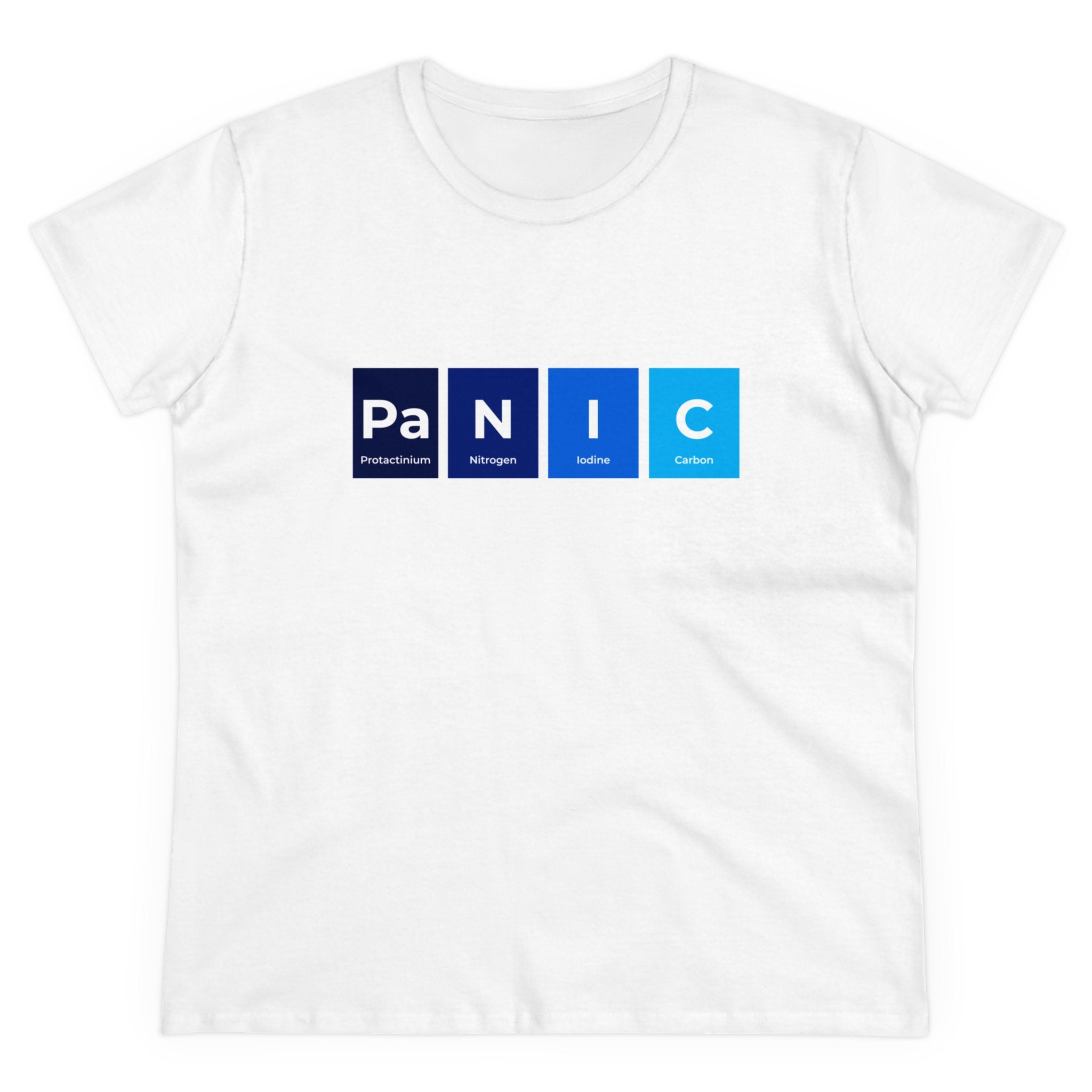A white Pa-N-I-C - Women's Tee featuring "PANIC" spelled out using elements from the periodic table: Protactinium (Pa), Nitrogen (N), Iodine (I), and Carbon (C), printed in blue and black boxes. Stay comfy while showcasing your love for trendy designs!