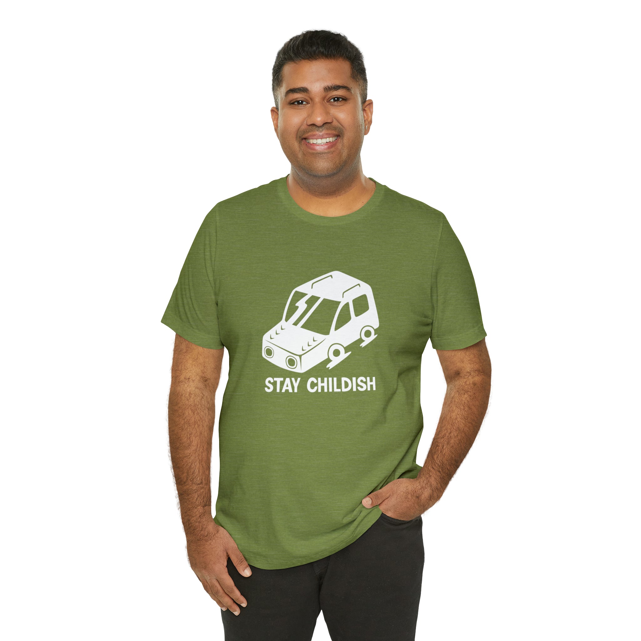 A man wearing a green Stay Childish T-Shirt.