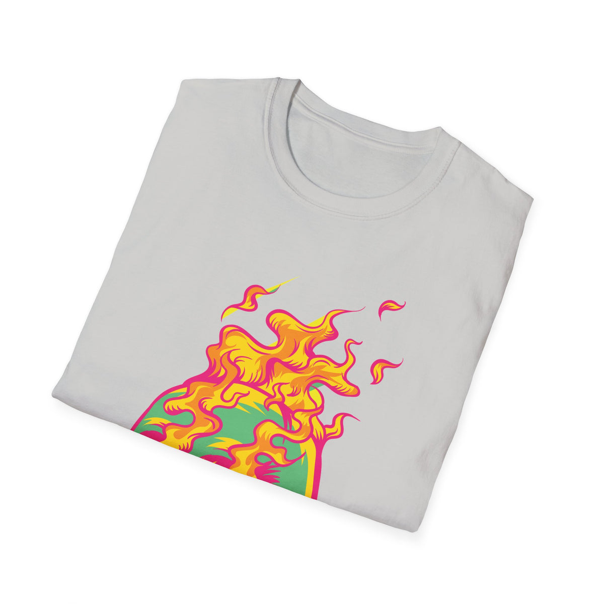 'Skull in Flames' psychedelic flame print folded on ice grey t-shirt, funny gothic pop art gift