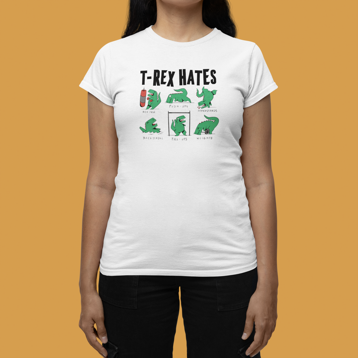 'T-Rex Hates' women's t-shirt in white, woman wearing it, funny dinosaur pun graphic tee