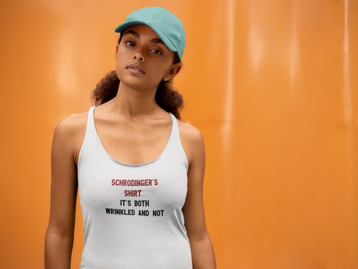 'Schrodinger's Shirt Women's Tank' in white, woman by an orange wall, Tank Top mockup, Geekpsters