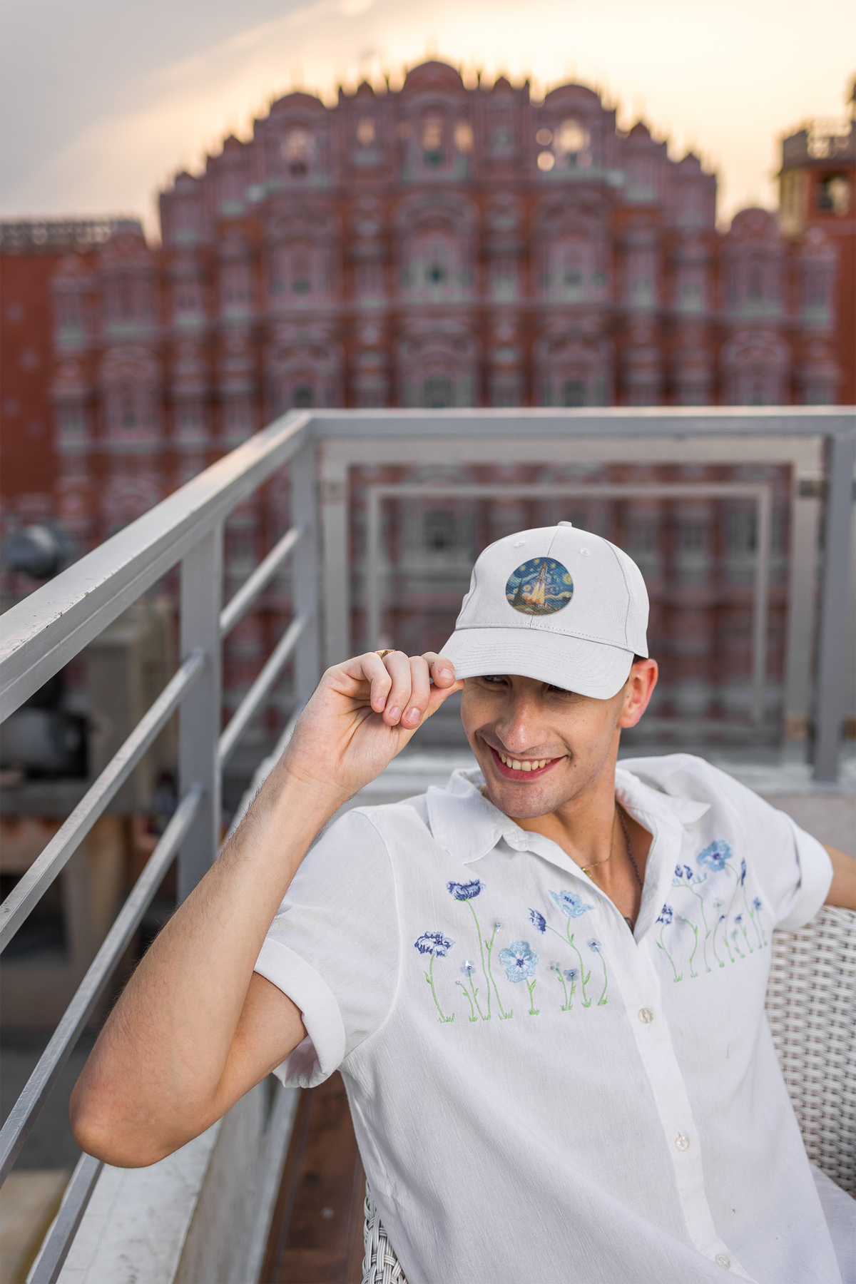 Van Gogh Spaceship sci-fi art dad hat, man on a city balcony, lifestyle mockup, Geekpsters
