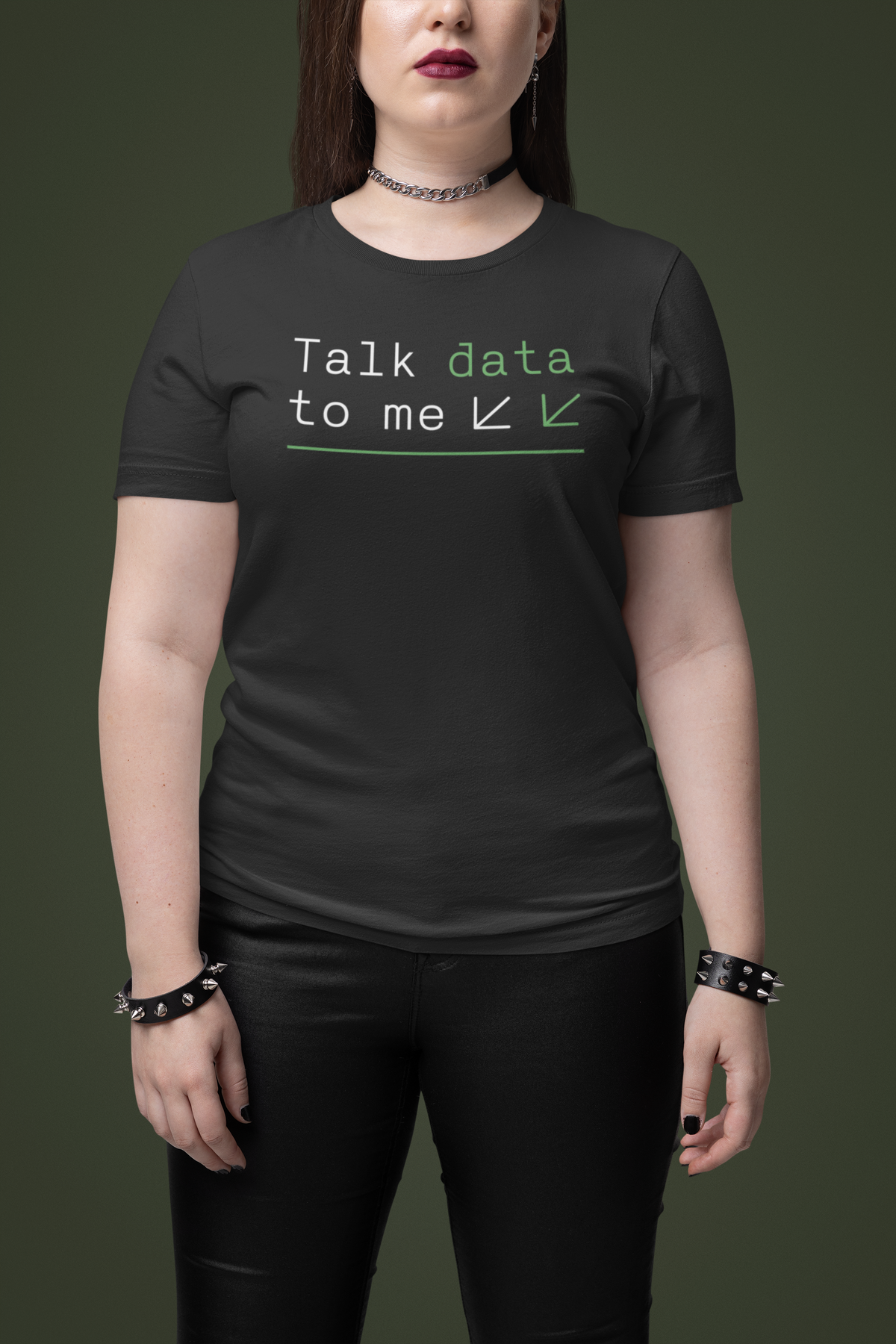 'Talk Data to Me' t-shirt in black, woman model wearing it against a dark green background, gift for data analysts
