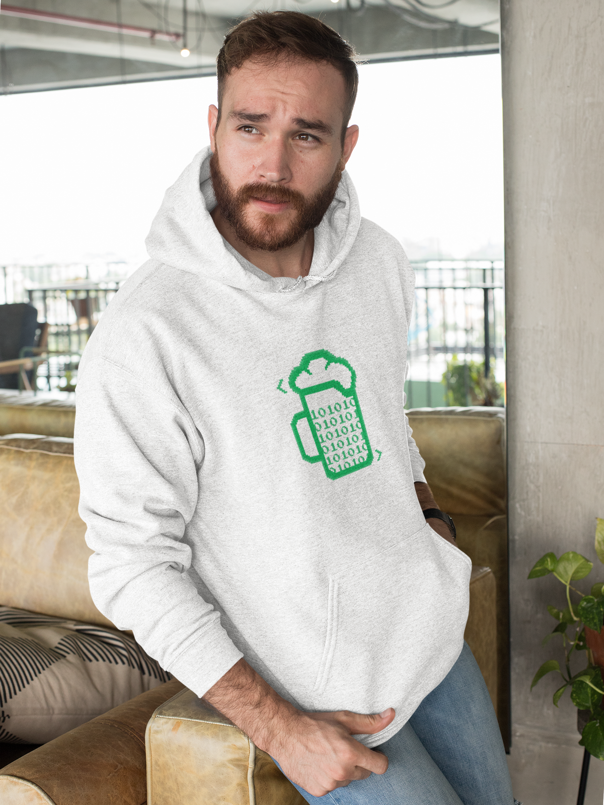 Beer Code binary mug hoodie in white, bearded man wearing it seated indoors, funny gift for him