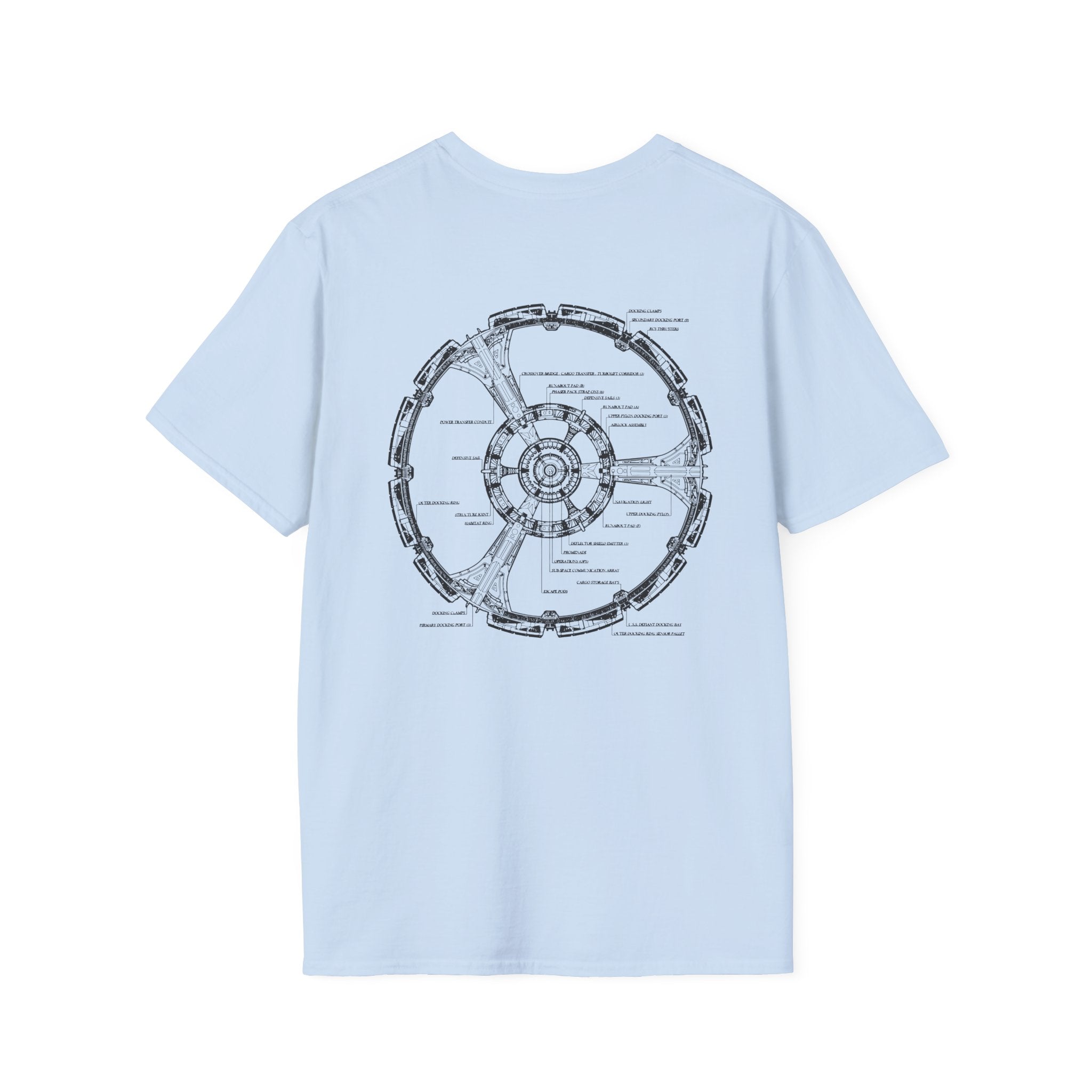 Light blue Limited Edition Space Station T-Shirt featuring a circular diagram with labeled sections printed on the back, offering an intriguing graphic design inspired by outer space.