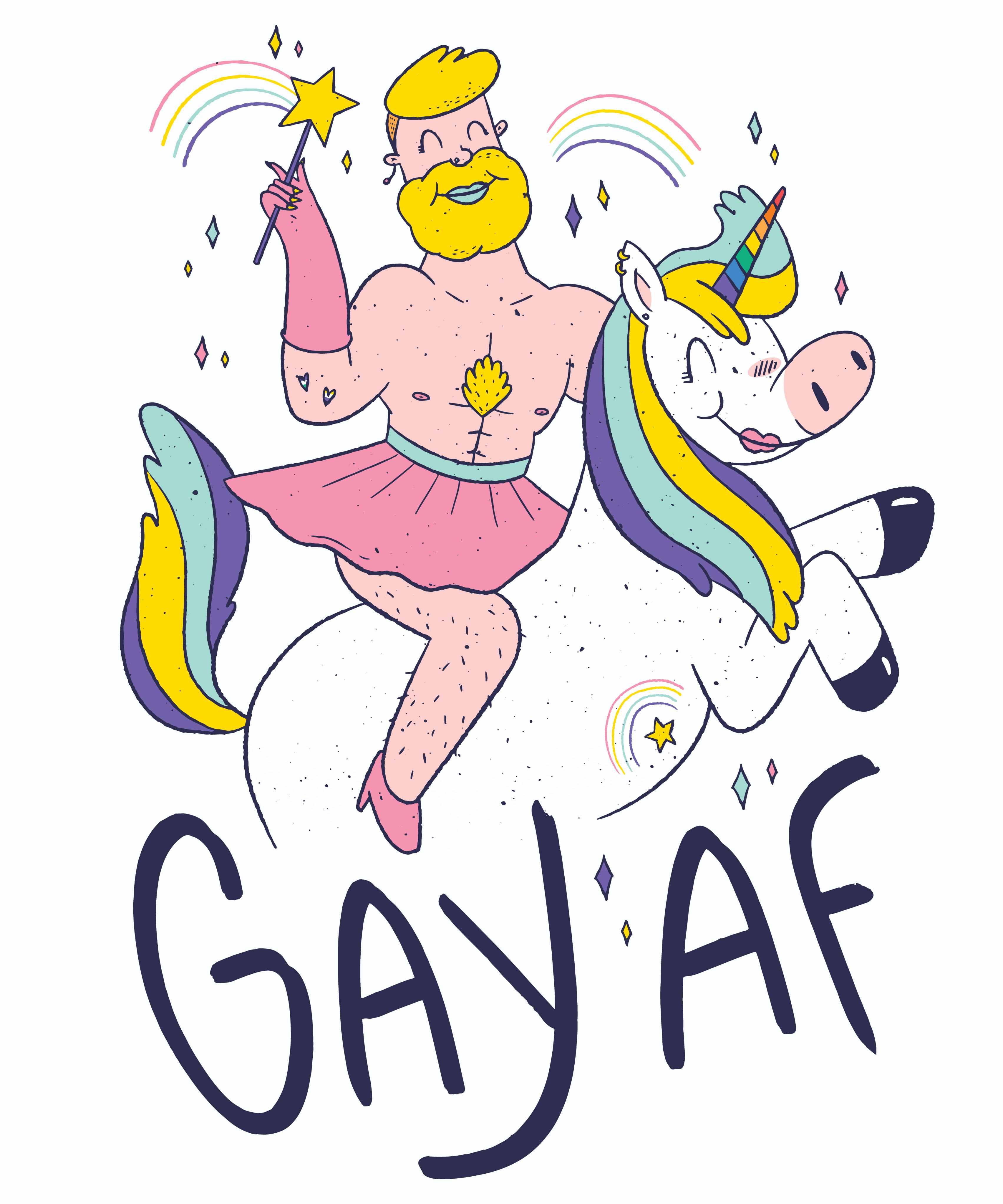 A man sitting on a unicorn wearing a GAYAF T-Shirt designed by Geekpsters.