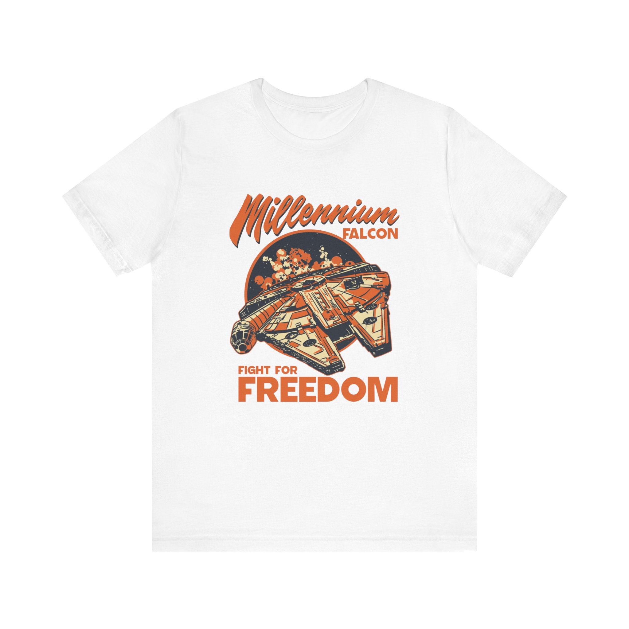White Falcon t-shirt made of soft cotton, featuring a quality print graphic of the Millennium Falcon and text that reads "Millennium Falcon - Fight for Freedom" in orange and black colors.