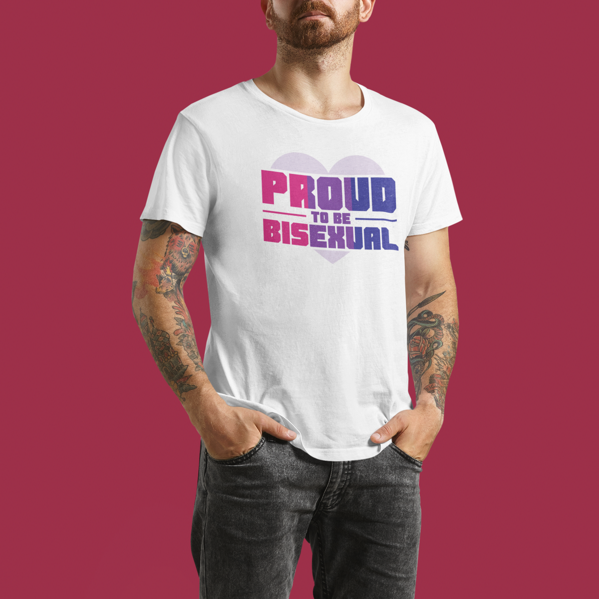 'Proud to Be Bisexual' T-shirt in white, man wearing it against a red backdrop, bi pride gift shirt