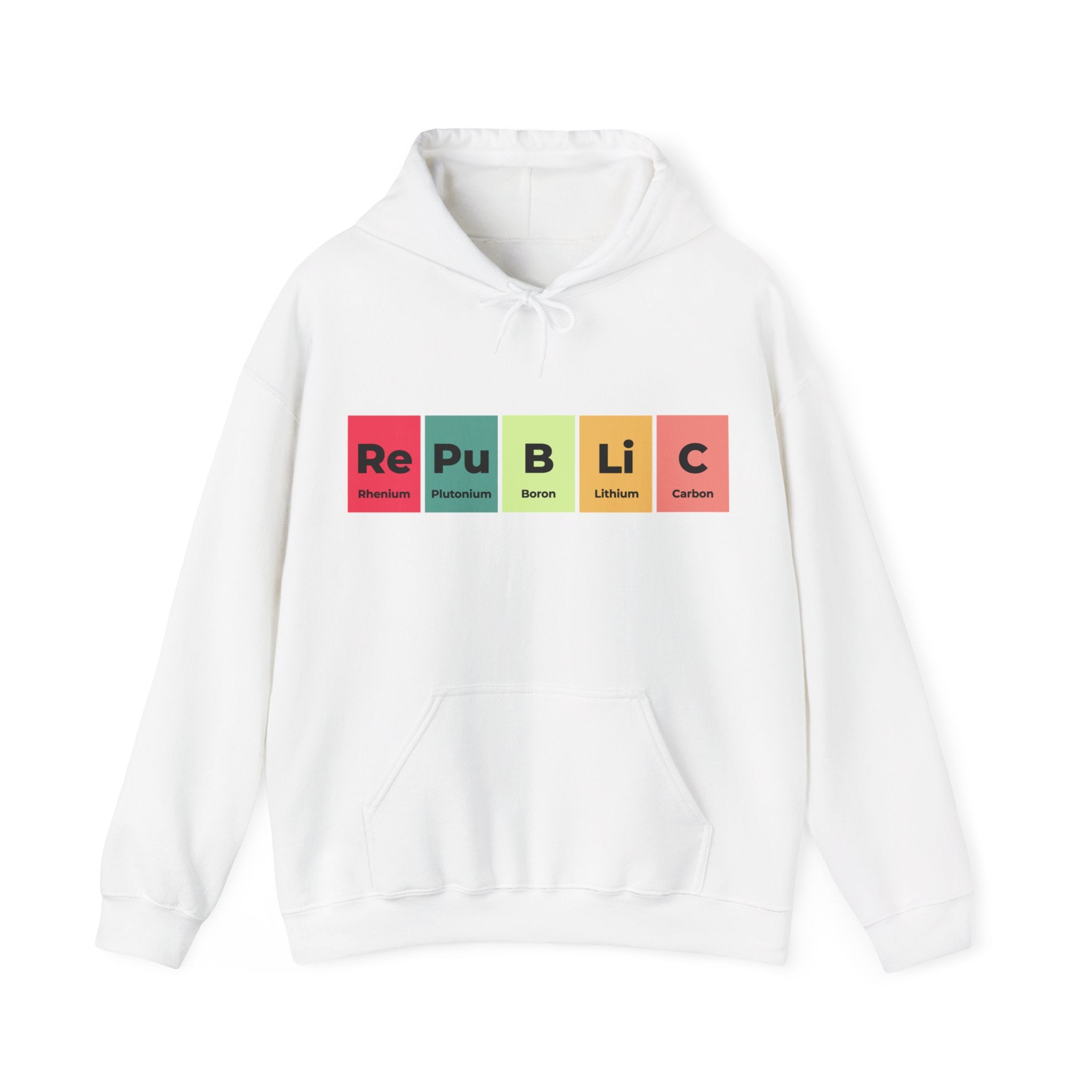 Republic - Hooded Sweatshirt with "Republic" stylishly spelled out using blocks representing chemical elements: Rhenium (Re), Plutonium (Pu), Boron (B), Lithium (Li), and Carbon (C). Show off your patriotic pride with these unique Republic designs.
