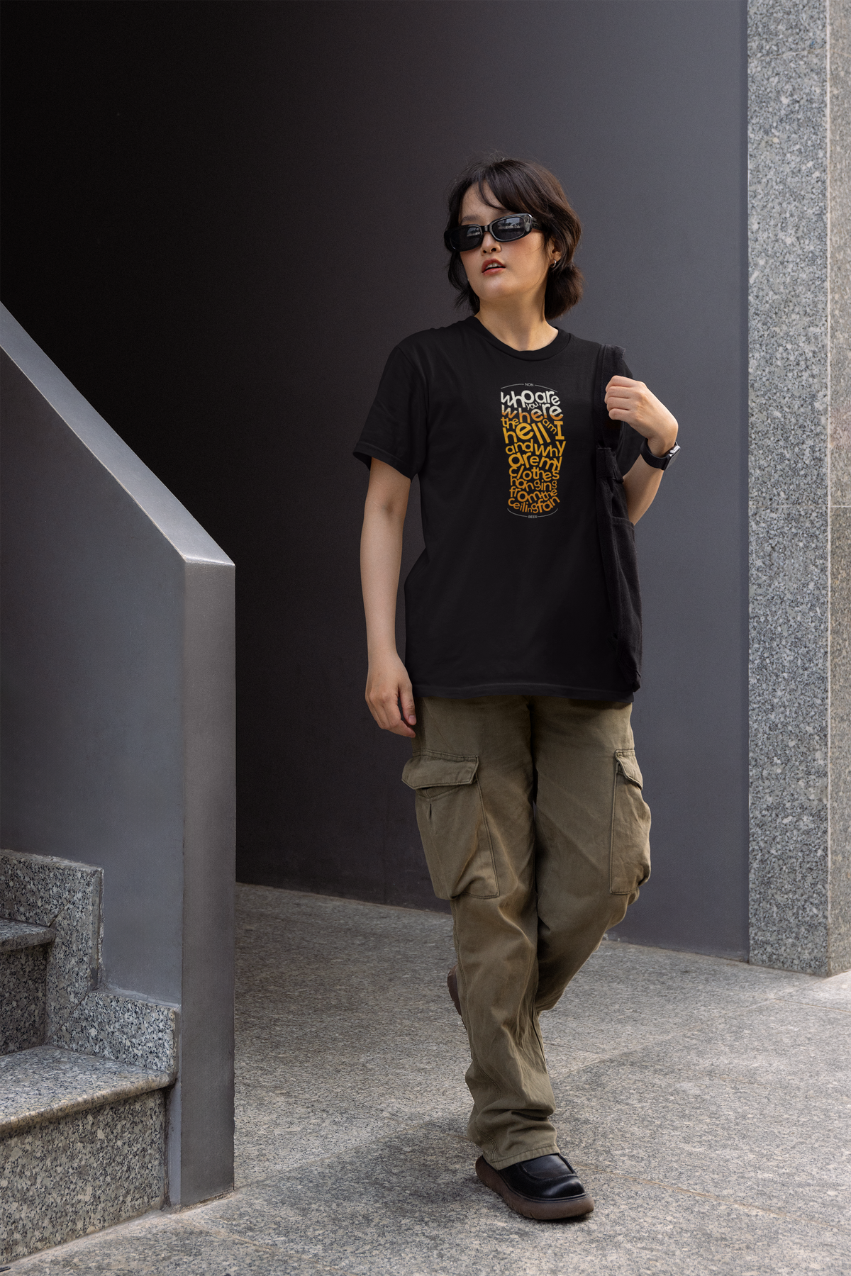 Beer Word Art Women's T-Shirt in black, woman on outdoor stairs wearing it, funny beer lover gift