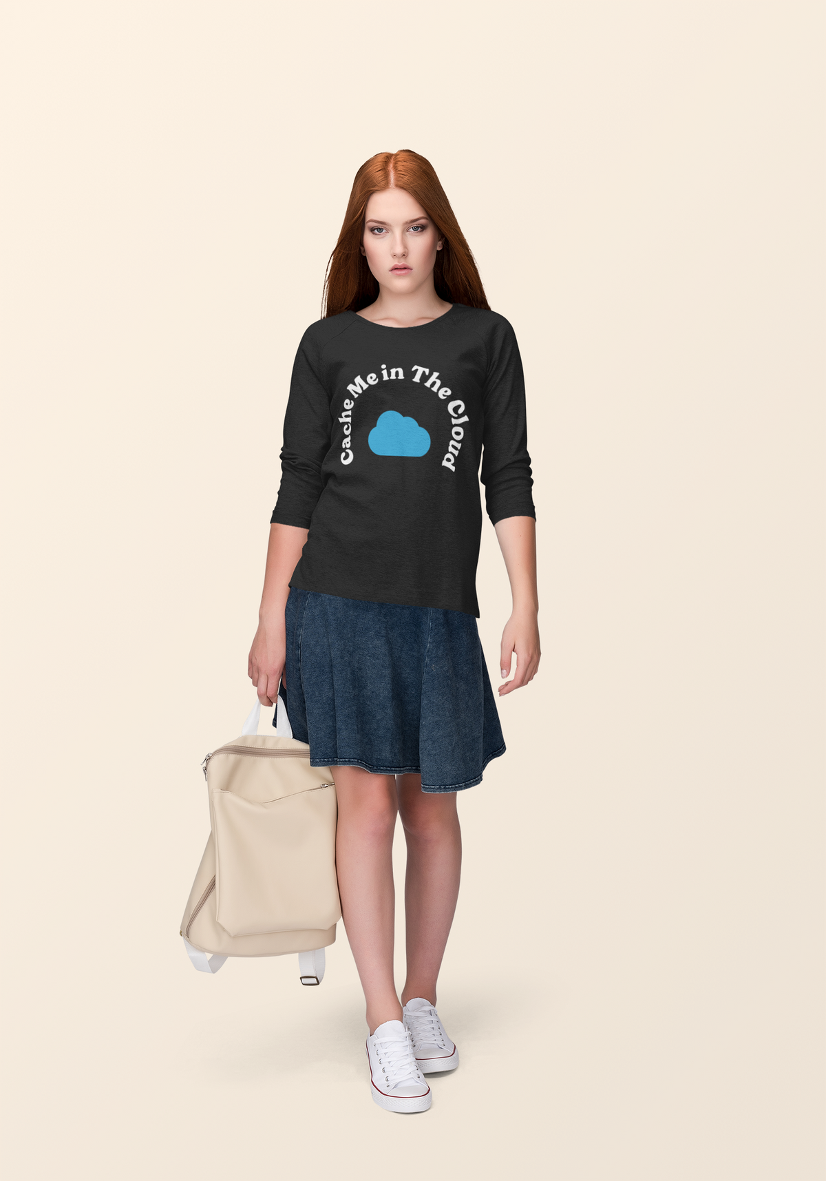 'Cache Me in The Cloud' sweatshirt in black, woman wearing it with a skirt, lifestyle shot, gift for developers