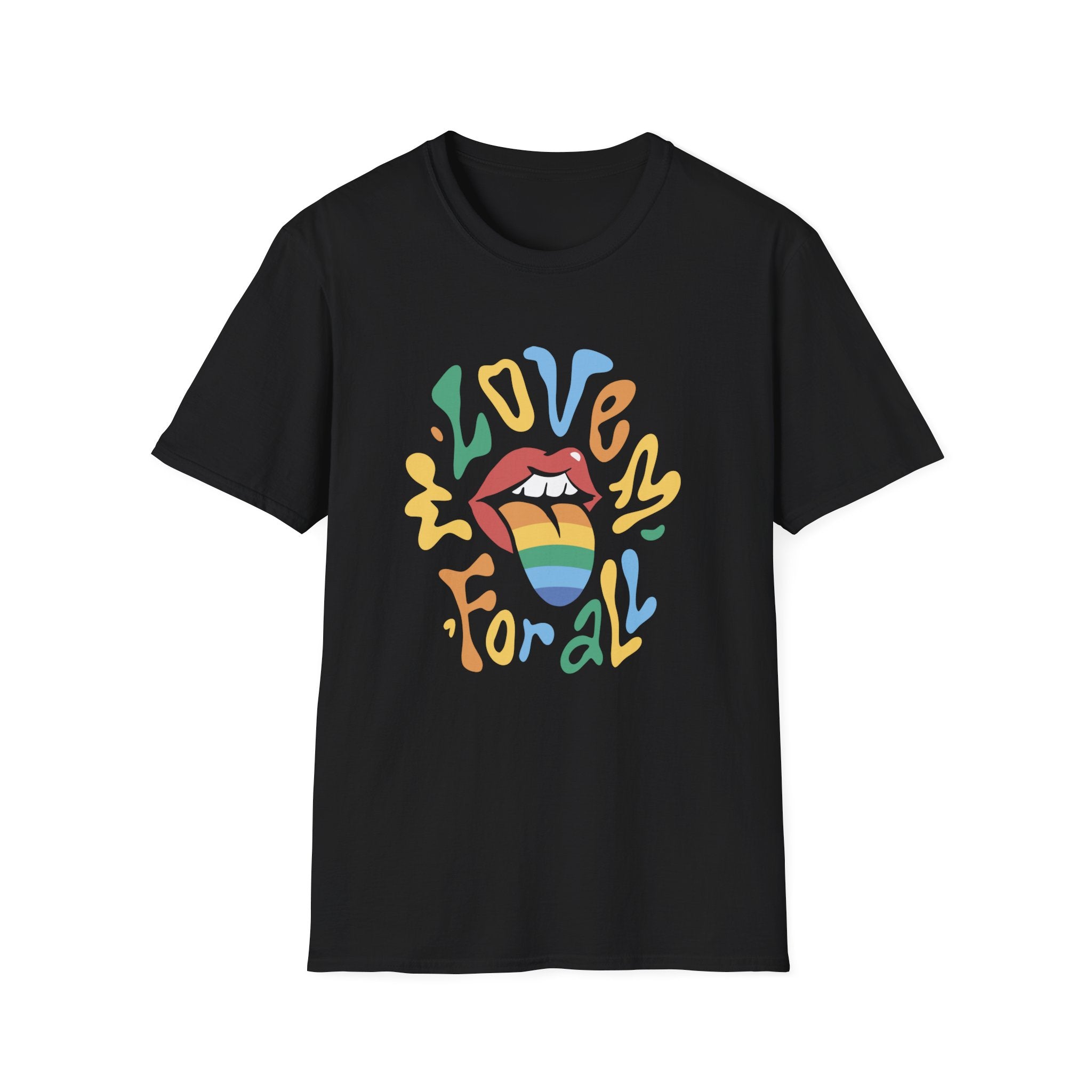 The Love For All T-Shirt is a black tee showcasing a striking design with vibrant text "Love for all" encircling lips holding a rainbow heart, made from premium fabric.