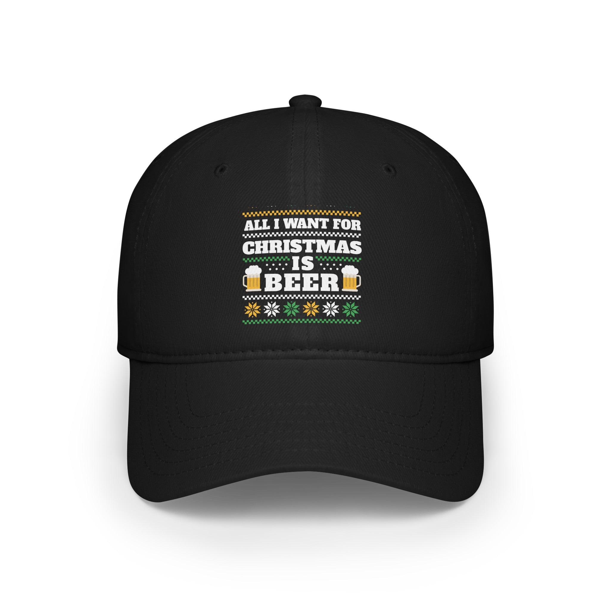 A black Beer Ugly Sweater - Hat with the text "ALL I WANT FOR CHRISTMAS IS BEER" printed in Christmas-themed colors, featuring reinforced stitching for added comfort.