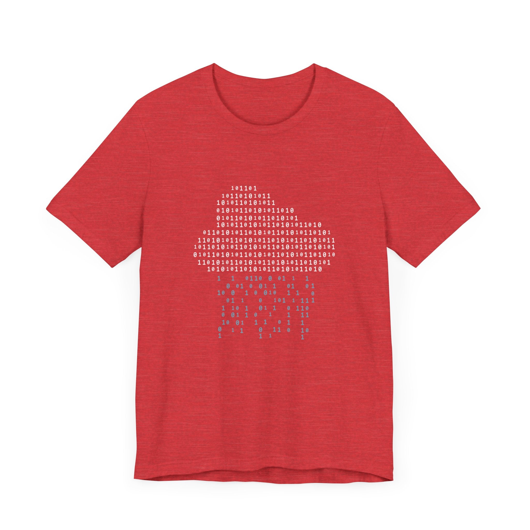 A red T-shirt featuring an image of a jellyfish composed of binary code, crafted from Airlume combed and ring-spun cotton for ultimate comfort. This unique Binary Rain Cloud - T-Shirt combines tech-inspired design with top-quality fabric.