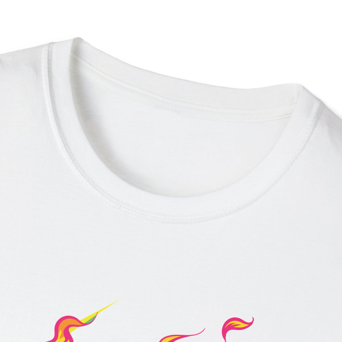 Close-up of 'Skull in Flames' t-shirt neckline in white with flame print peeking at hem, funny gothic tee