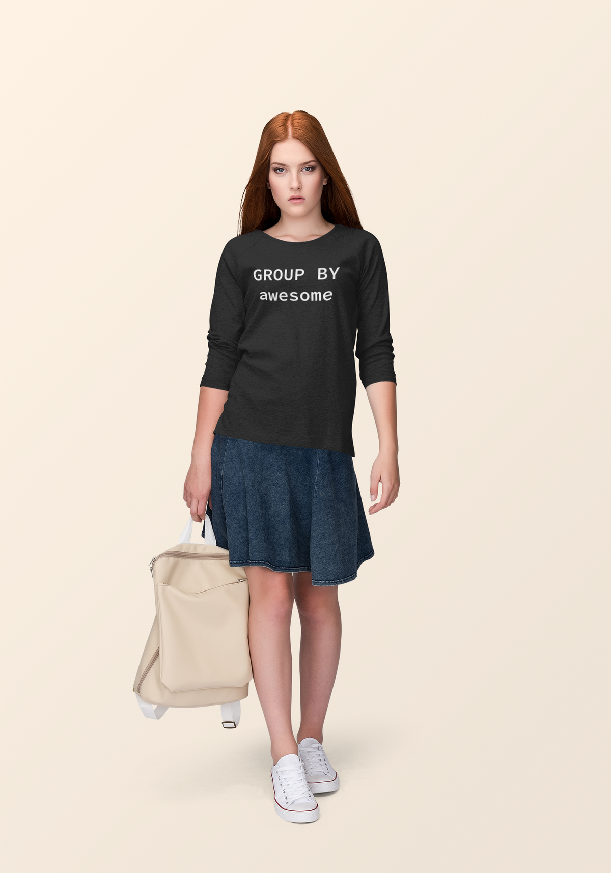 'GROUP BY Awesome' sweatshirt in black, woman wearing it lifestyle shot, funny gift for programmers