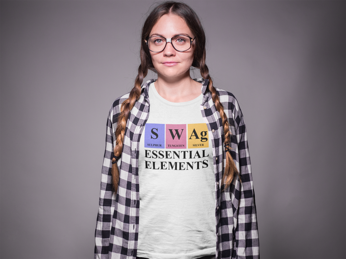 'SWAg Essential Elements' periodic table t-shirt in white, woman with braids wearing it, science gift