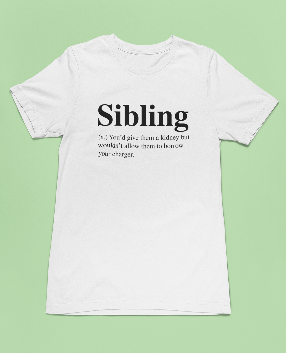 'Sibling' definition T-shirt in white, flat lay on pale green background, funny family gift tee