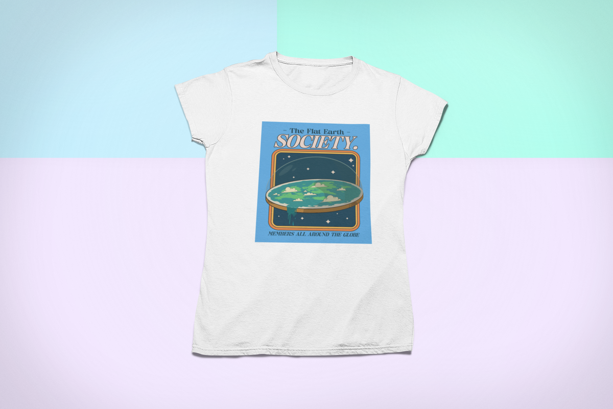 'The Flat Earth Society' t-shirt in white, flat lay styled on pastel backdrop, funny satire gift