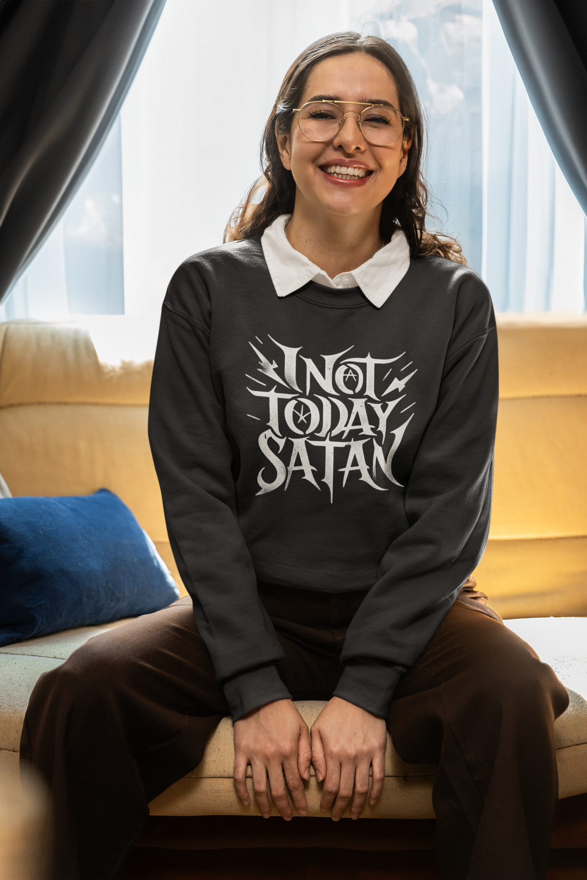 'Not Today Satan' sweatshirt in charcoal, woman sitting indoors, funny sarcastic sweatshirt gift