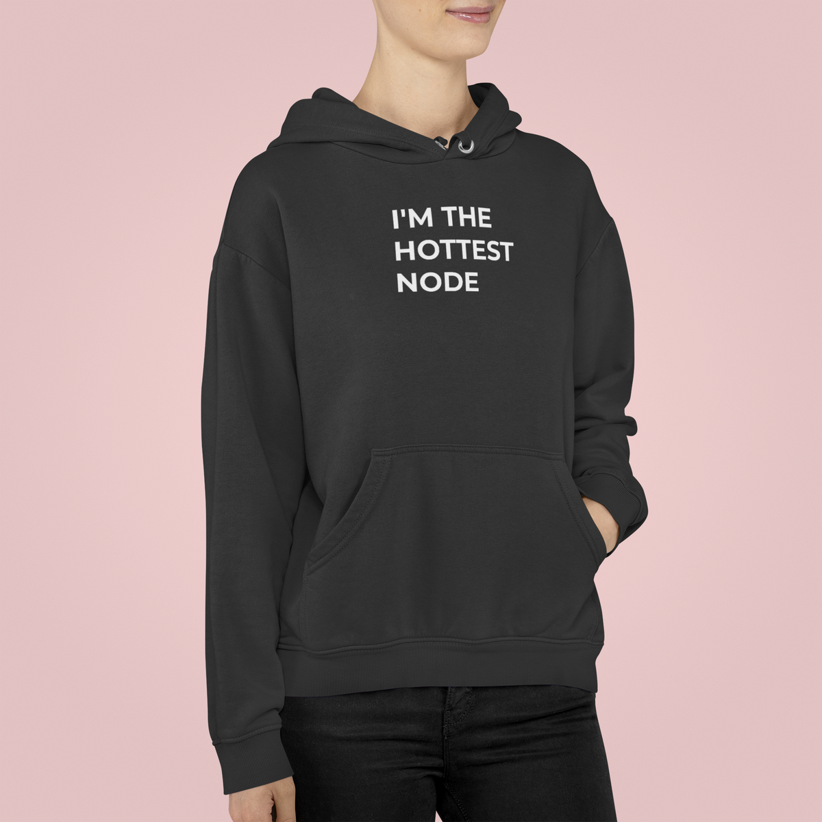 'I'm The Hottest Node' hoodie in black, close-up on woman wearing it, funny programmer hoodie gift