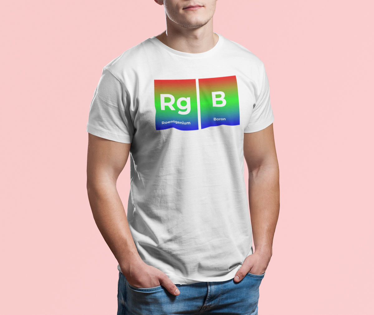 'RG-B' periodic table t-shirt in white, man wearing it on a pink background, funny science pun gift