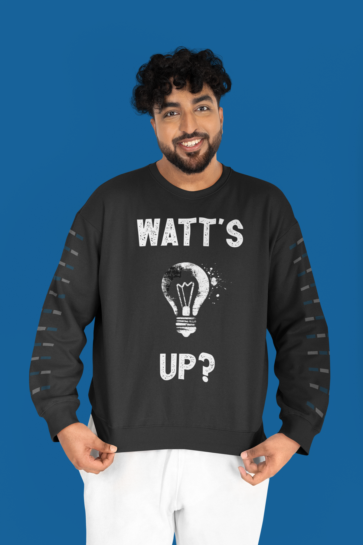 'Watt's Up?' sweatshirt in black, man on blue background, funny electrician pun gift for him