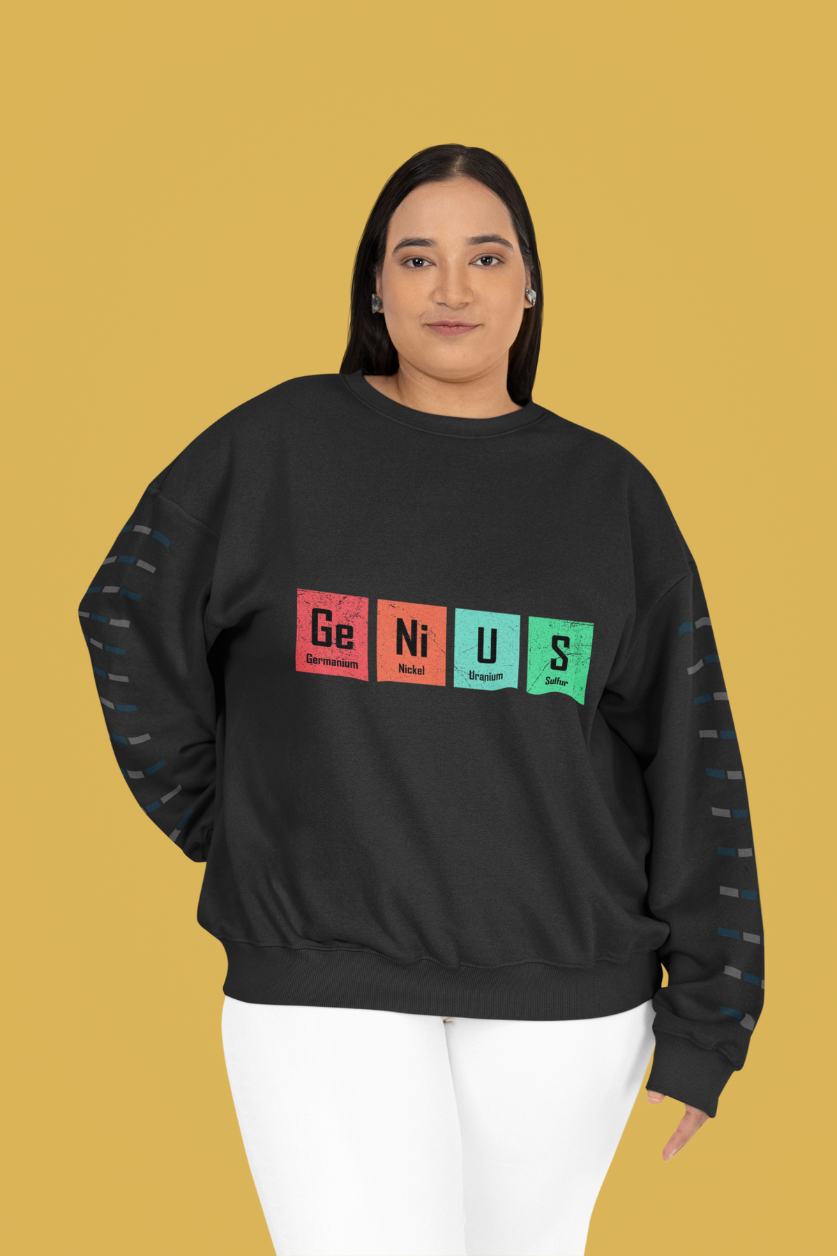 'Genius' periodic table pun sweatshirt in black, woman on mustard background, funny science gift