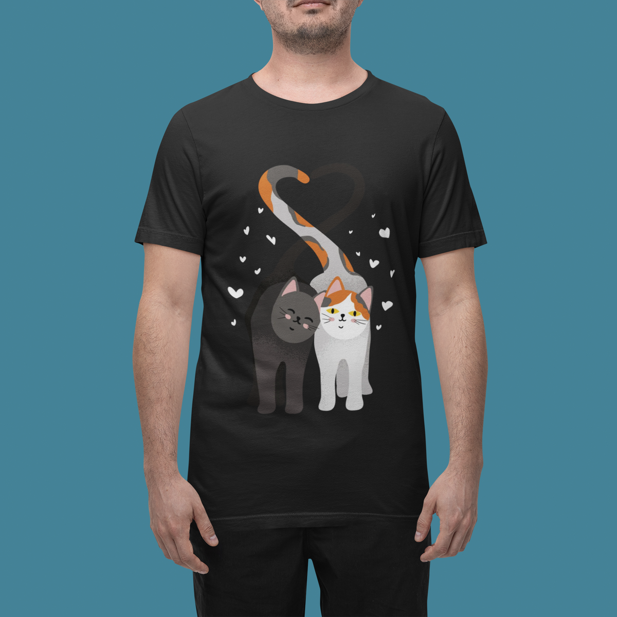 'In Love Cats' t-shirt in black, back view flat lay, blank plain t-shirt for cat lovers