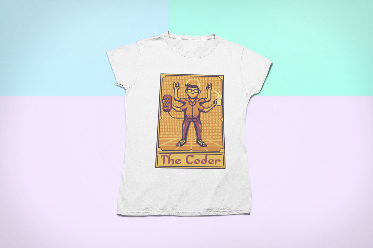 'The Coder' tarot card t-shirt in white, flat lay on a pastel gradient background, funny programmer tee