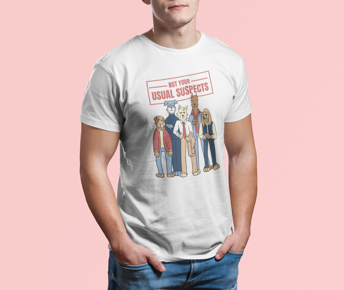 'Not Your Usual Suspects' T-shirt in white, man wearing it against a pink backdrop, funny gift shirt