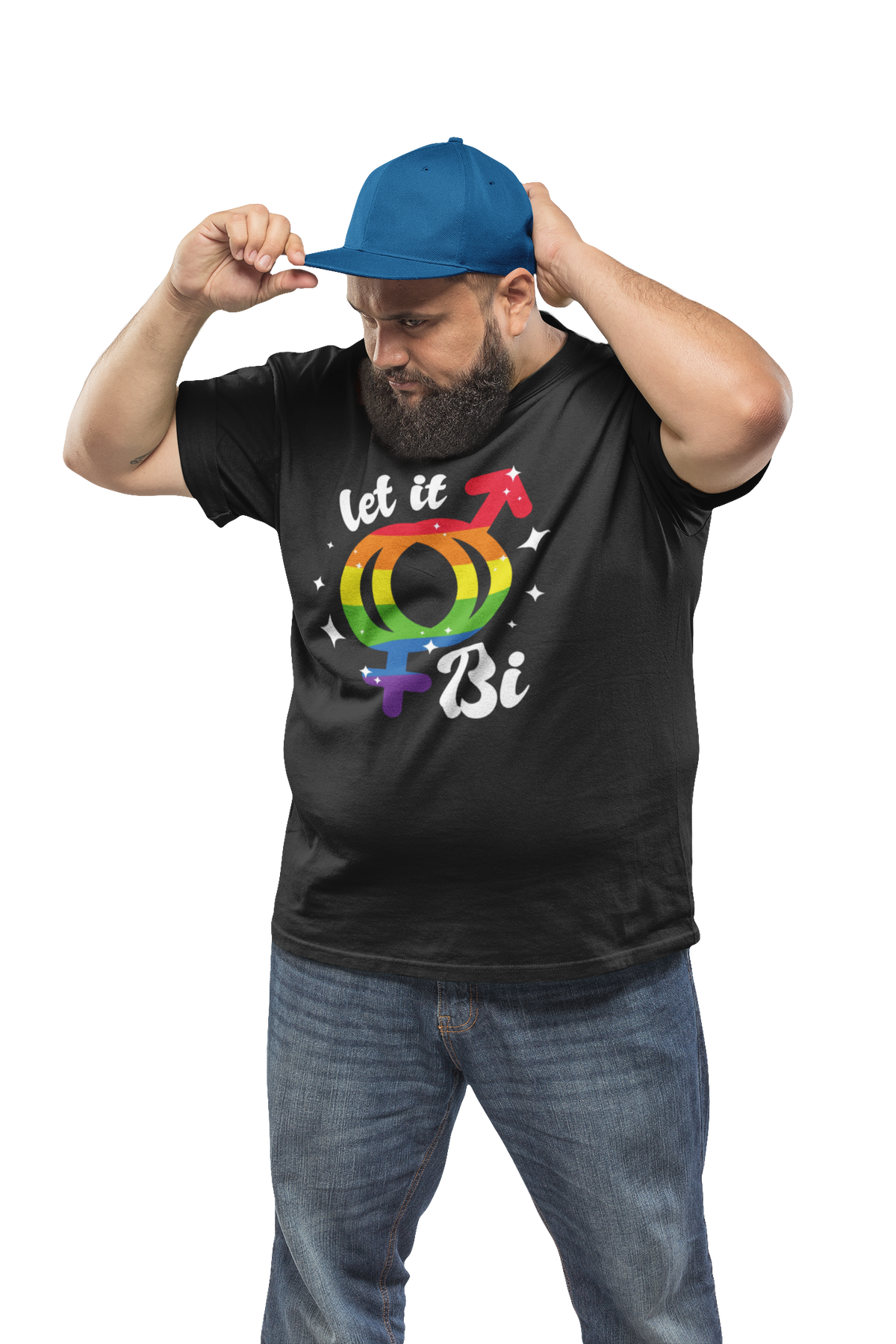 'Let It Bi' T-shirt in black, man wearing it with a blue cap, funny bisexual pride gift shirt