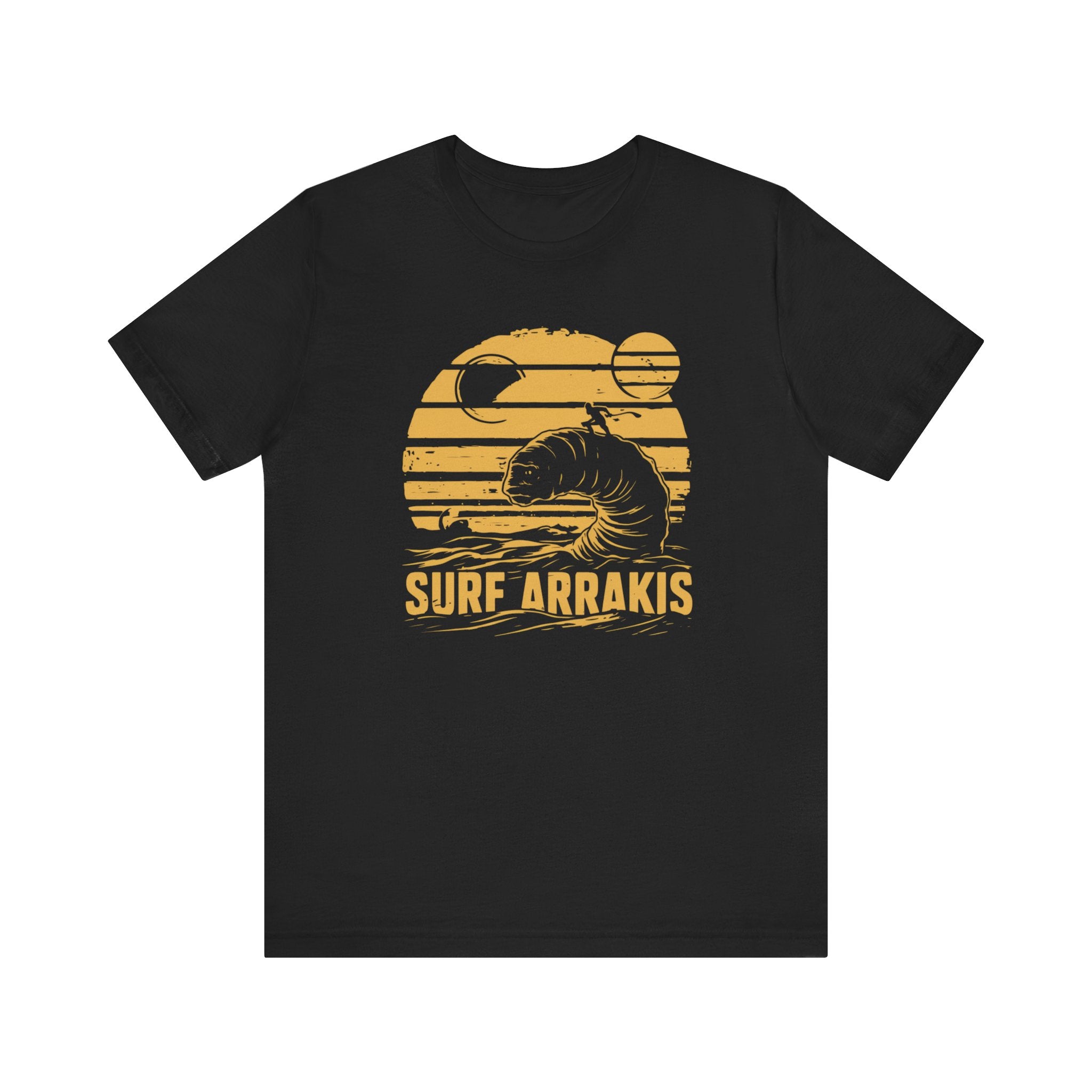 A comfortable black **Surf Arrakis - T-Shirt** with a striking yellow design showcasing two moons, a wave, and the bold text “SURF ARRAKIS.”
