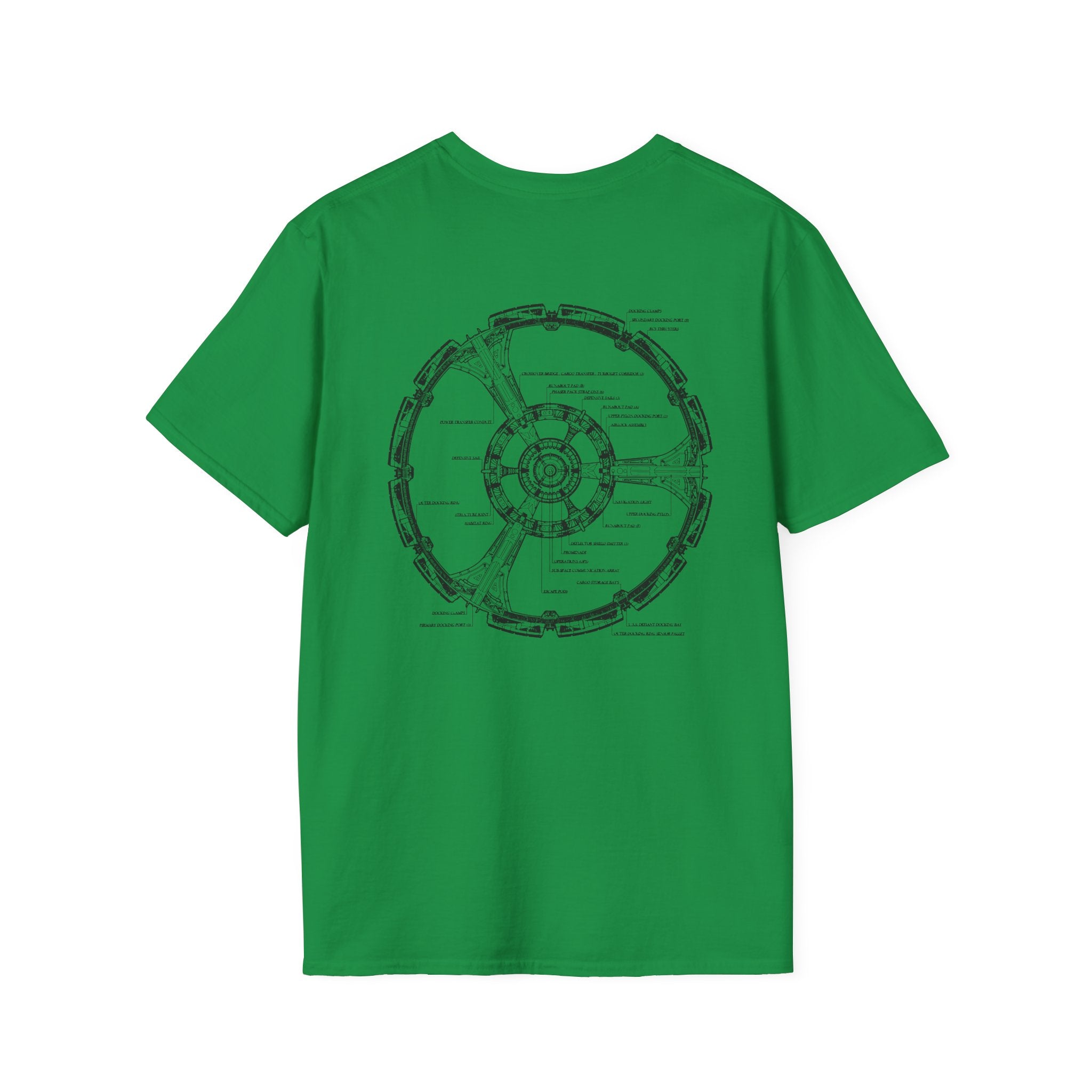 Limited Edition Space Station T-Shirt in green, showcasing a circular blueprint graphic inspired by a space station on the back.