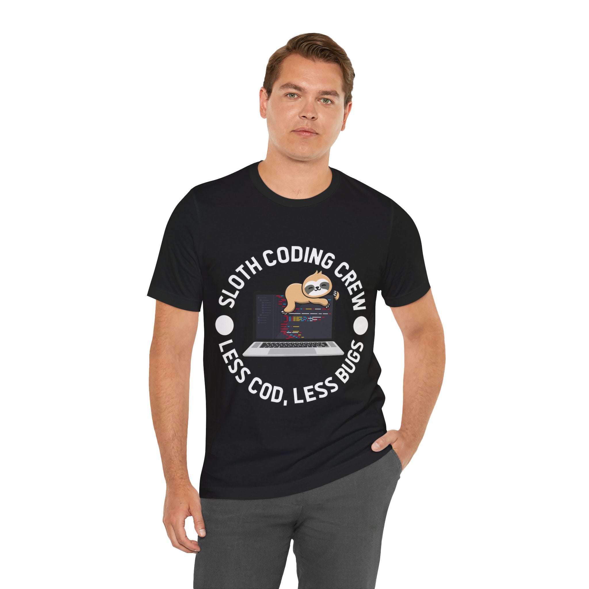 Man in a Sloth Coding Crew Less Cod Less Bugs jersey tee featuring a sloth on a laptop and the text "less cod, less bugs.
