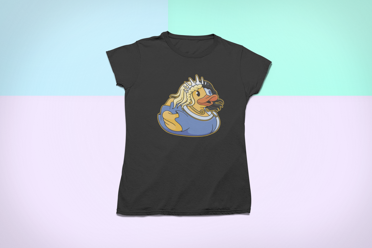 Cyber duck t-shirt in black, flat lay on a pastel gradient background, funny sci-fi duck gift