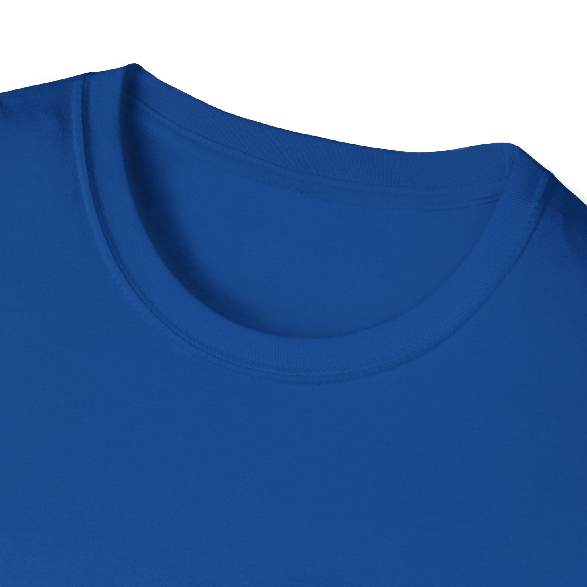 Close-up image of the neckline of a plain blue Cartoon Lemon crew-neck T-shirt.