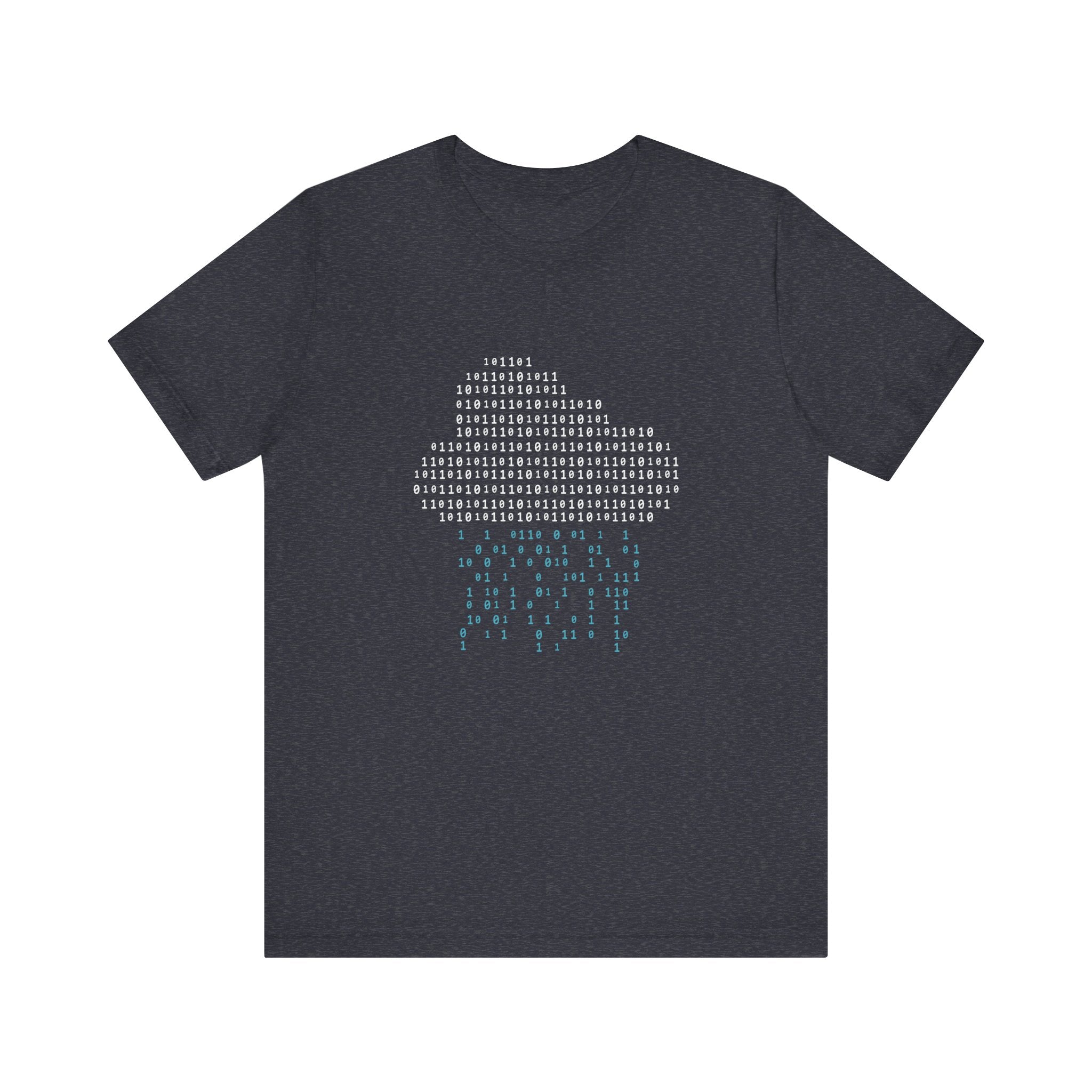 This Binary Rain Cloud - T-Shirt features a digital design of a cloud made of binary code with binary "raindrops" falling from it, crafted from soft Airlume combed and ring-spun cotton for maximum comfort.