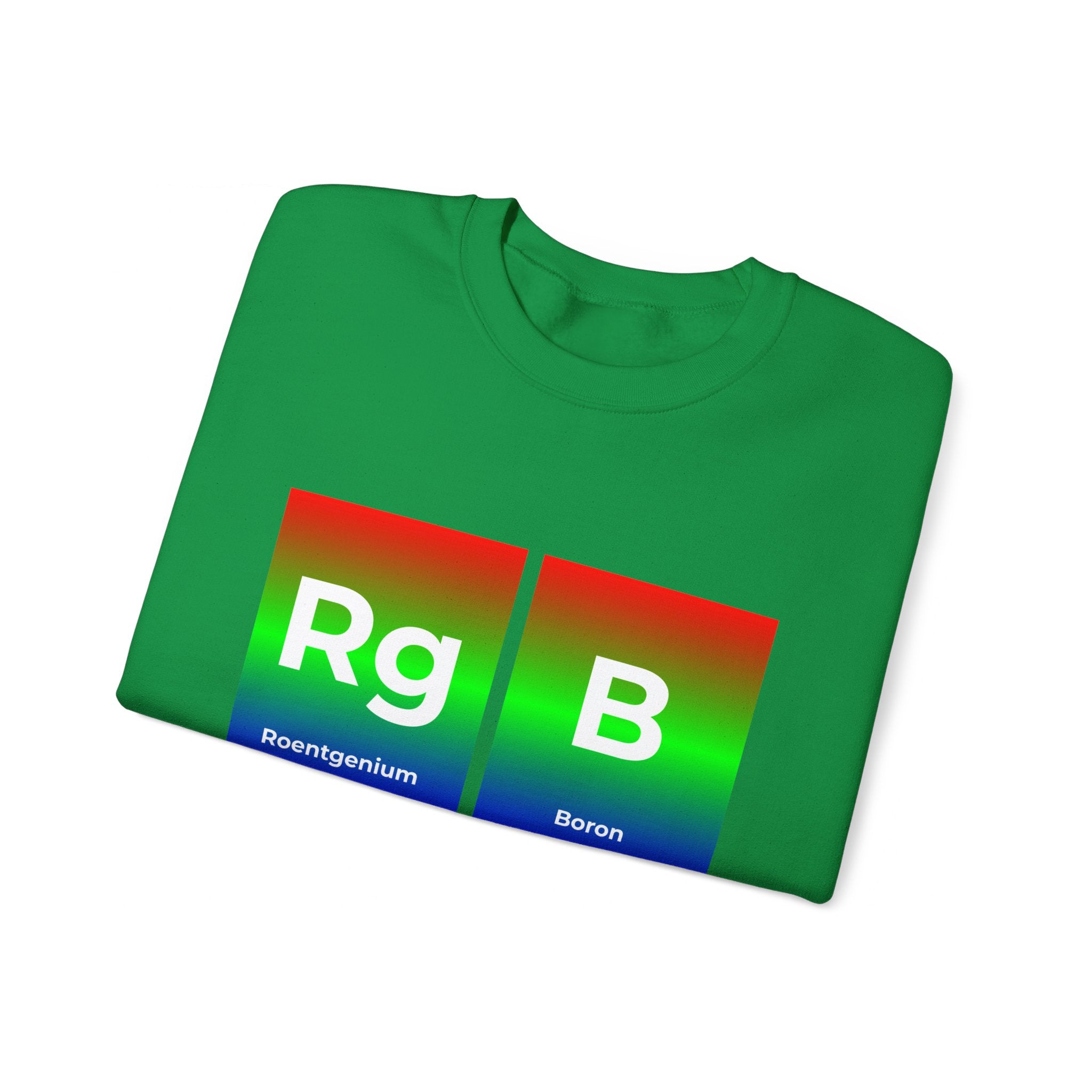 Green RG-B - Sweatshirt featuring a stylish design that resembles periodic table elements with "Rg" for Roentgenium and "B" for Boron, each shaded in a gradient of red, green, and blue. Perfect for comfort lovers who appreciate unique fashion statements.