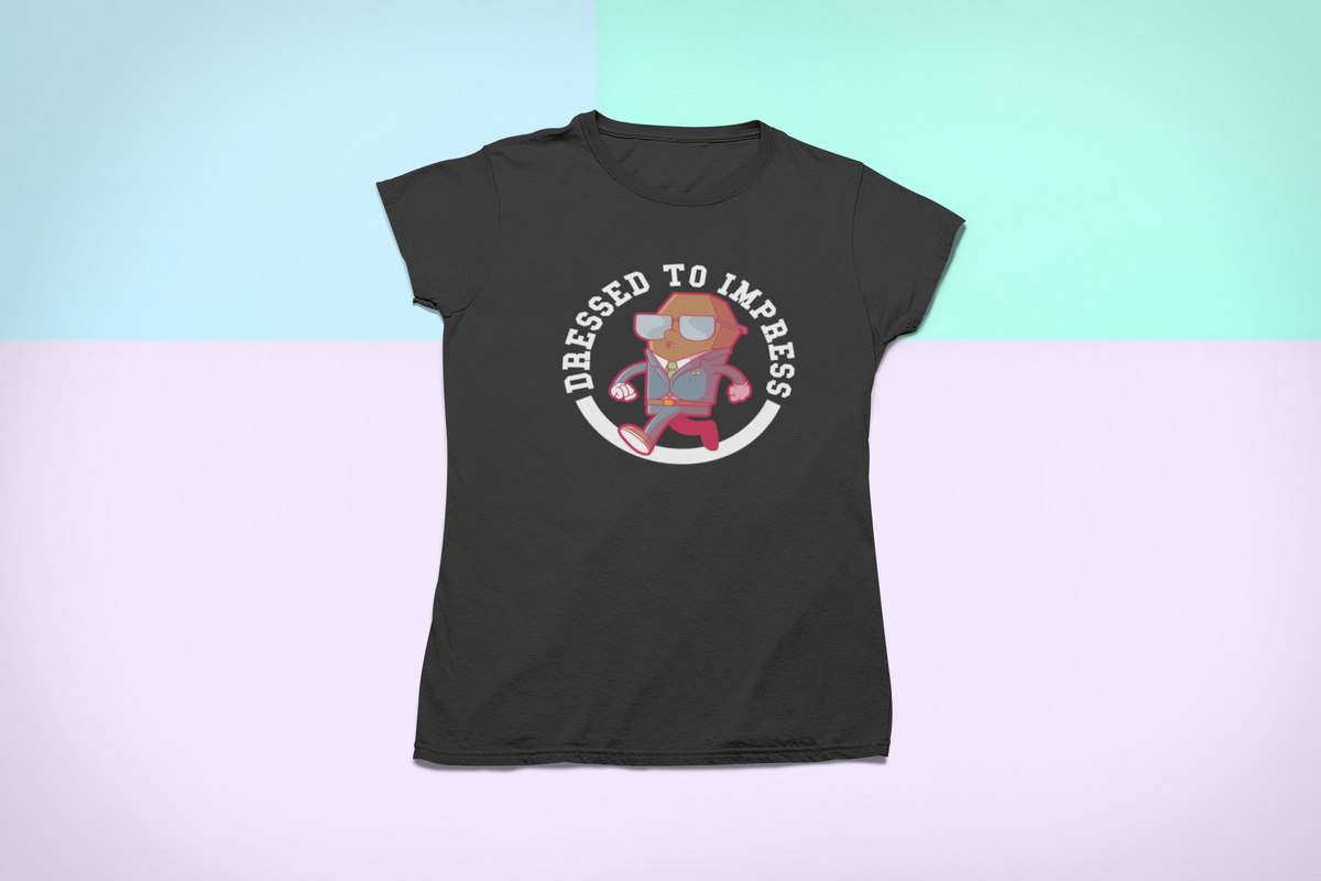 'Dressed To Impress' bear t-shirt in black, flat lay on pastel background, funny animal pun gift