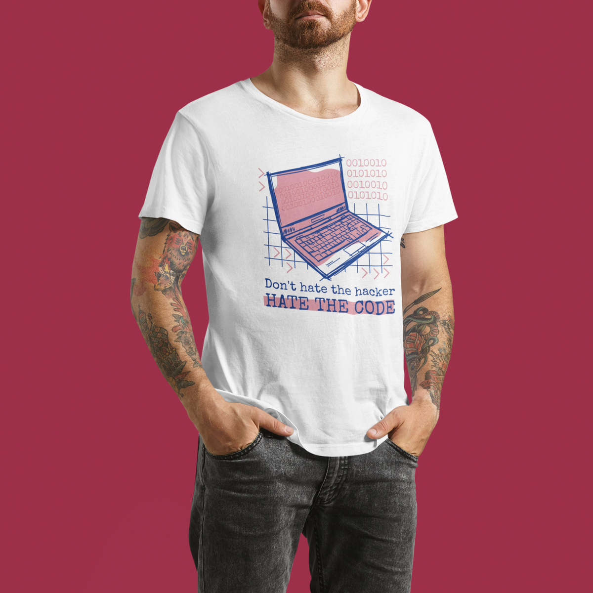 'Don't Hate the Hacker, Hate the Code' laptop t-shirt in white, tattooed man model wearing it, funny hacker gift