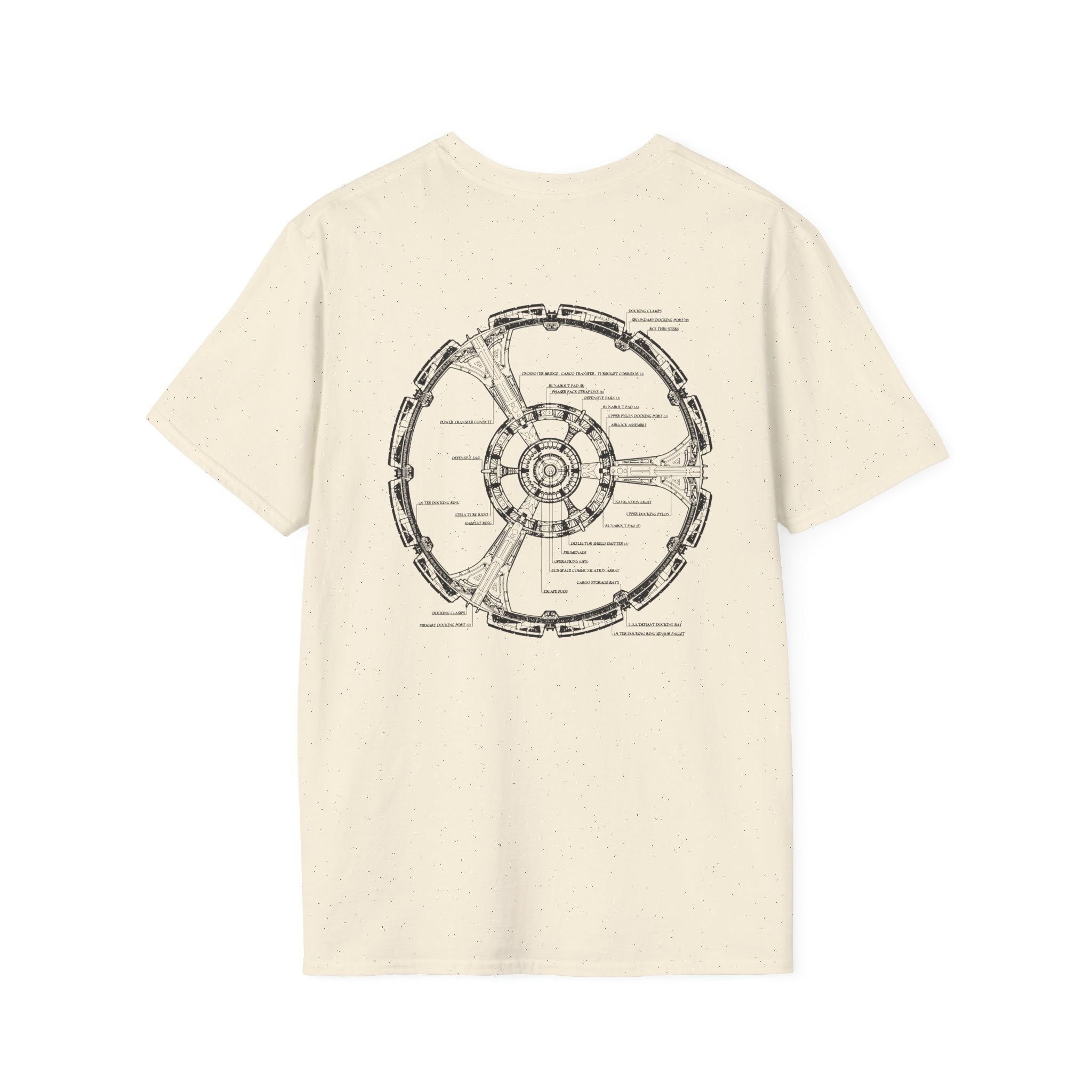 Limited Edition Space Station T-Shirt in beige, featuring a circular schematic diagram with labeled parts, boasting a graphic design inspired by the Space Station on the back.