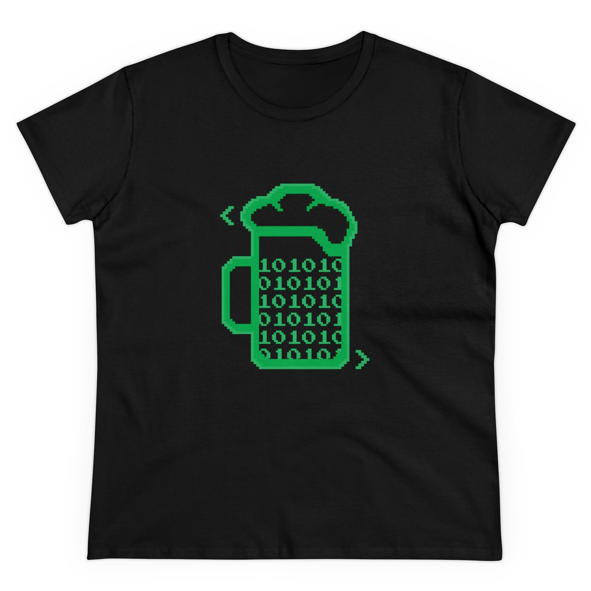 Beer Code - Women's Tee made of pre-shrunk cotton, featuring a green pixel art design of a beer mug filled with binary code (zeros and ones).