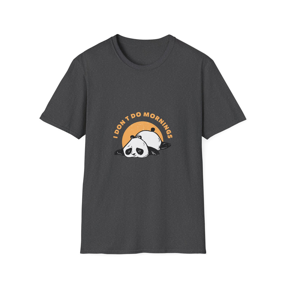 'I Don't Do Mornings' sleepy panda t-shirt in dark heather grey, funny sunrise graphic tee