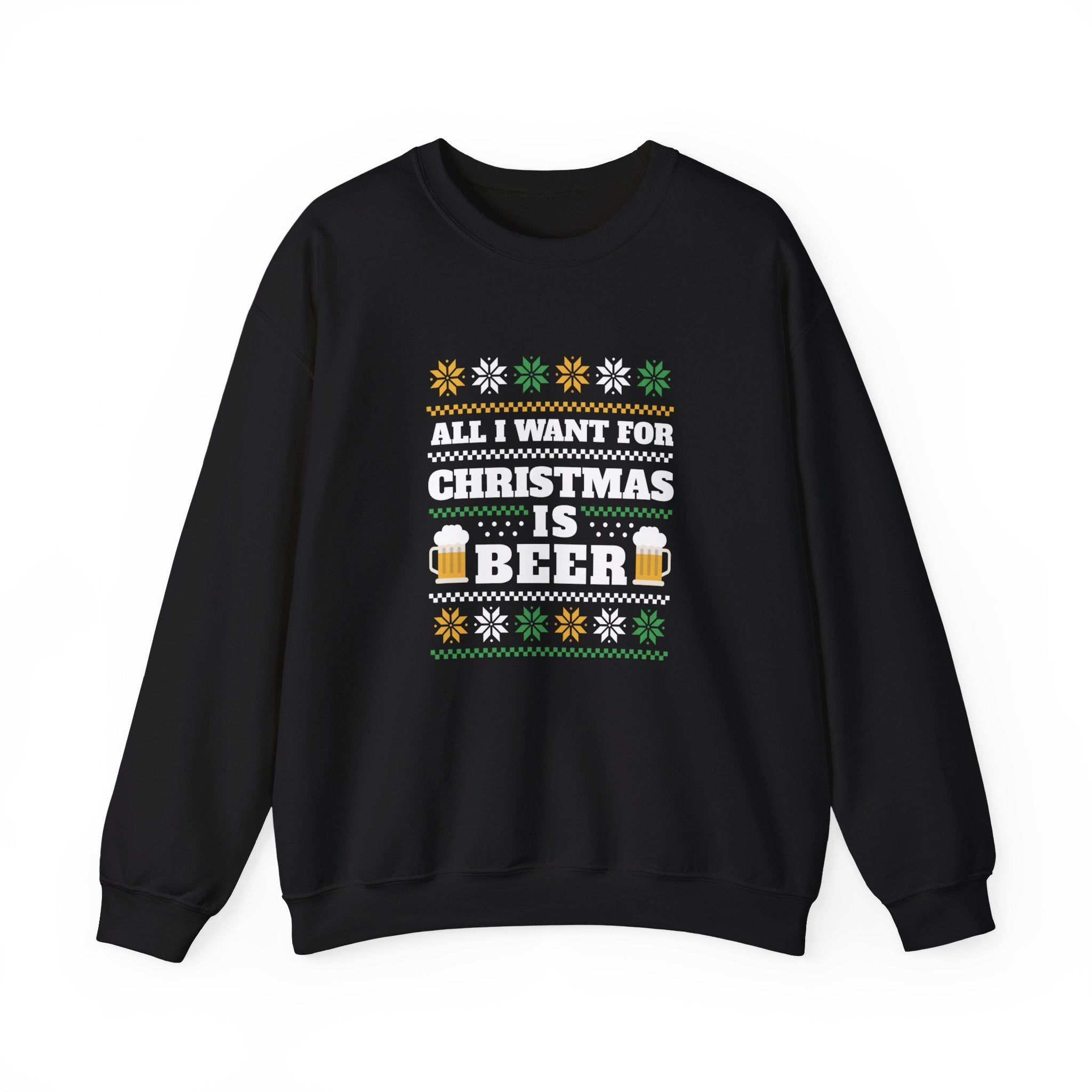 A black sweatshirt adorned with festive patterns and text that reads, "All I Want for Christmas is Beer," featuring illustrations of beer mugs, perfect for the colder months. This **Beer Ugly Sweater - Sweatshirt** will keep you cozy and in the holiday spirit!