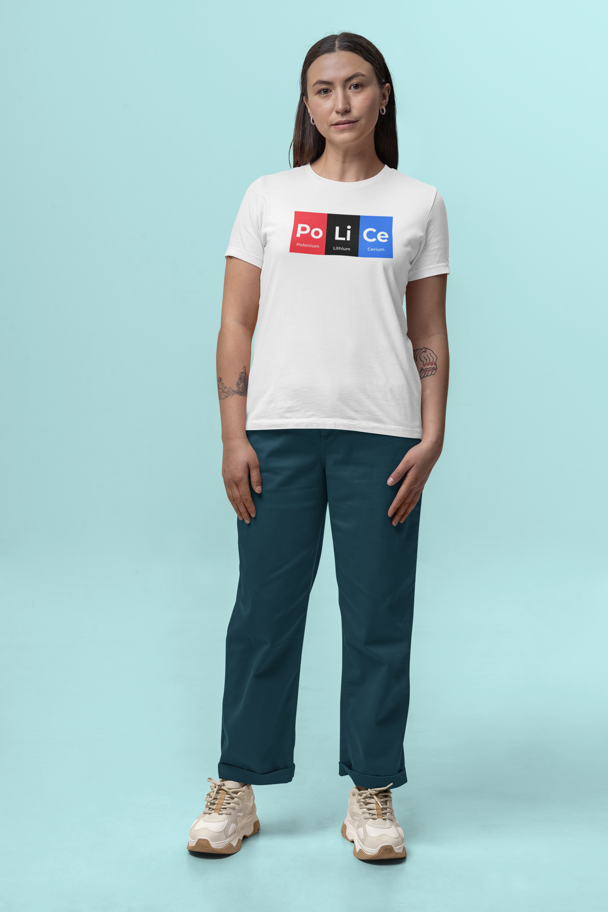 'Po-Li-Ce' periodic table t-shirt in white, woman standing on teal background, funny chemistry pun gift